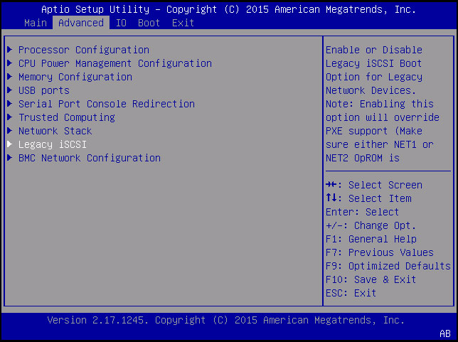 image:Screen capture showing the Legacy iSCSI screen.