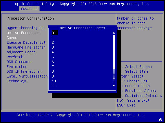 image:Screen capture showing the Active Processor Cores screen.