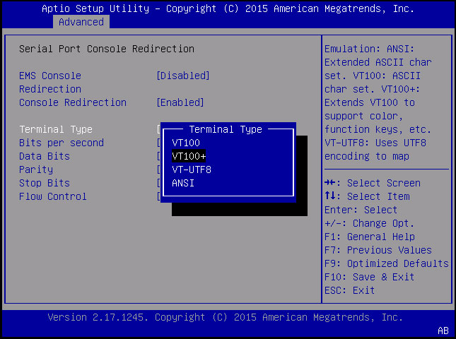 image:Screen capture showing the Serial Port Console Redirection screen.