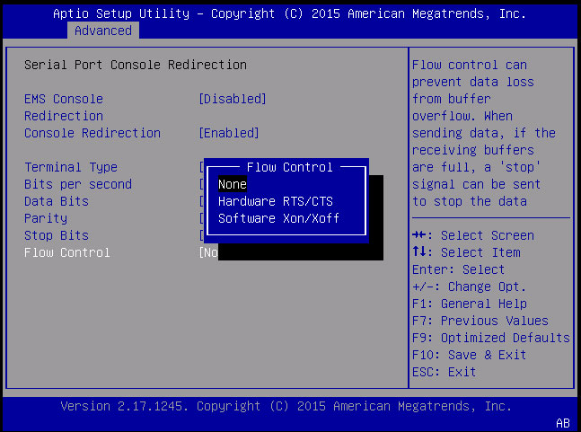 image:Screen capture showing the Serial Port Console Redirection screen.