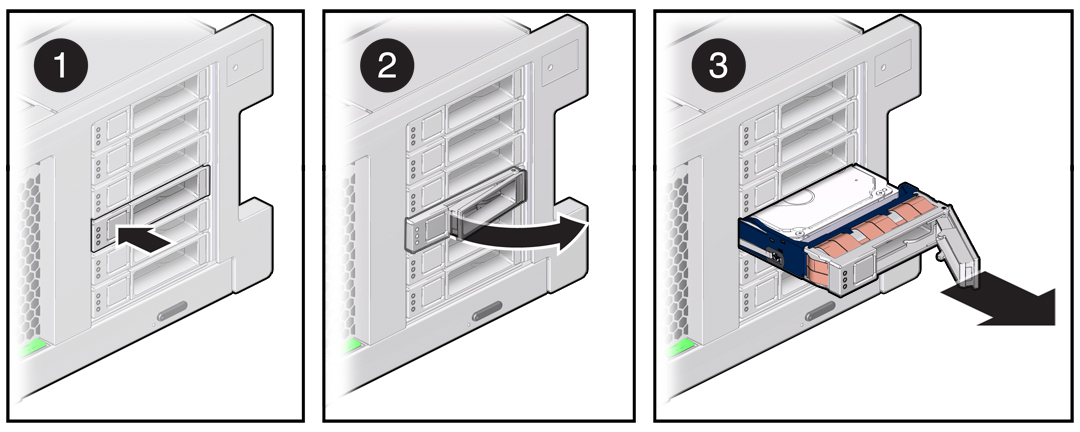 image:A multi-step illustration showing how to remove a storage drive from the server.