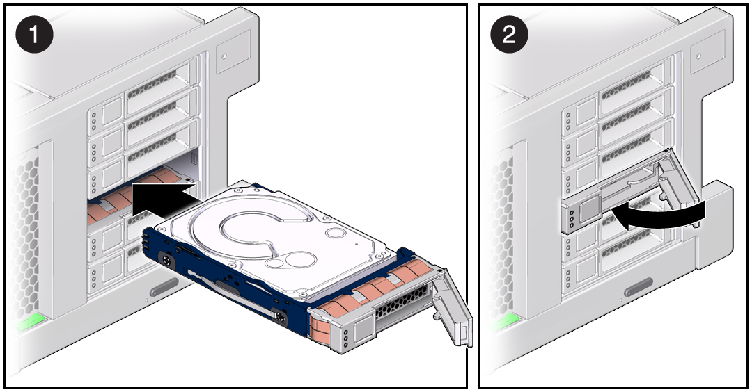image:A multi-step illustration showing how to install a storage drive in the server.