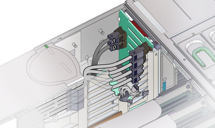 image:An illustration showing SAS HBA cables attached to the disk backplane.
