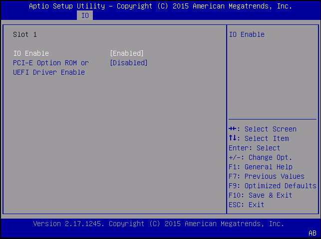 image:A screen capture showing the IO menu with PCI Add-in card slot 1 with IO enabled.