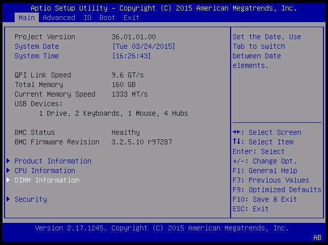 image:Screen capture showing BIOS Main menu with DIMM Information selected.