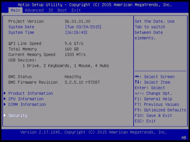 image:Screen capture showing BIOS Main menu with Security selected.