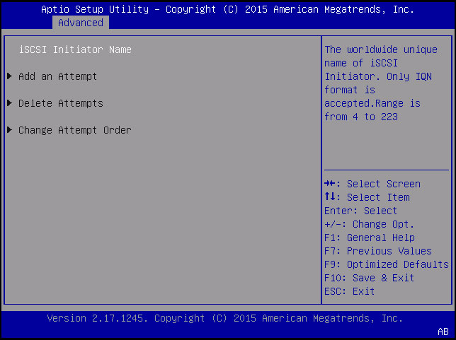 image:Screen capture showing UEFI iSCSI configuration options.