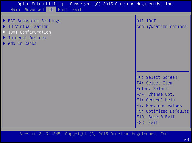 image:Screen capture showing IO menu with IOAT Configuration selected.