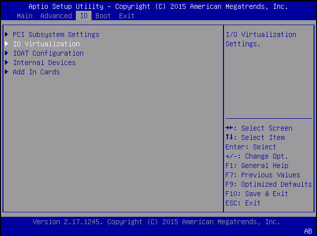 image:Screen capture showing the IO menu with IO Virtualization selected.