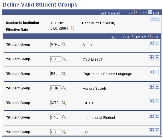 Define Valid Student Groups page