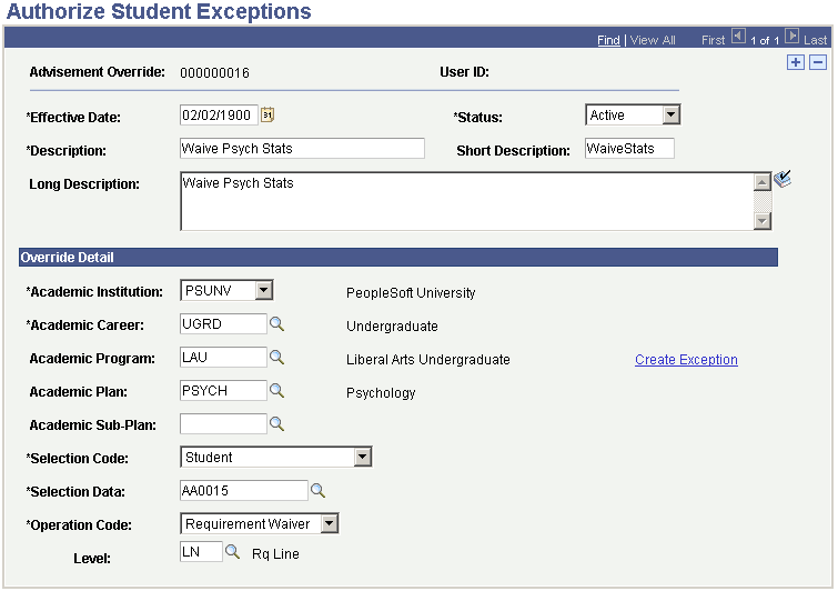 Using the Authorize Student Exceptions page to waive a requirement