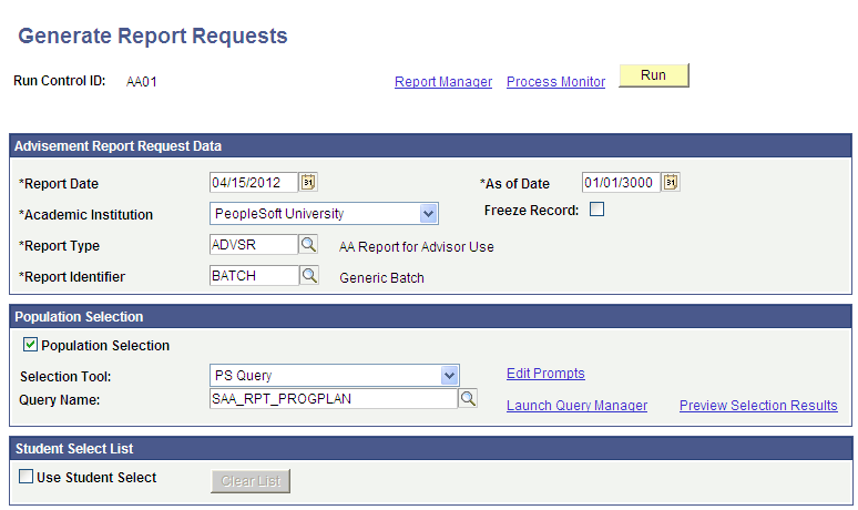 Example of Generate Report Requests page with the what-if group boxes (1 of 2)
