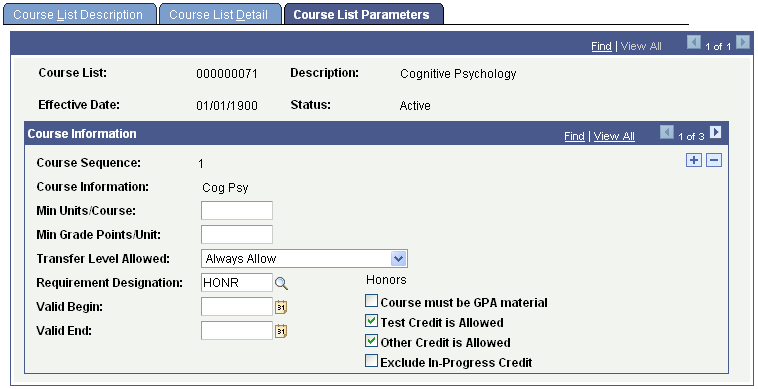 Course List Parameters page