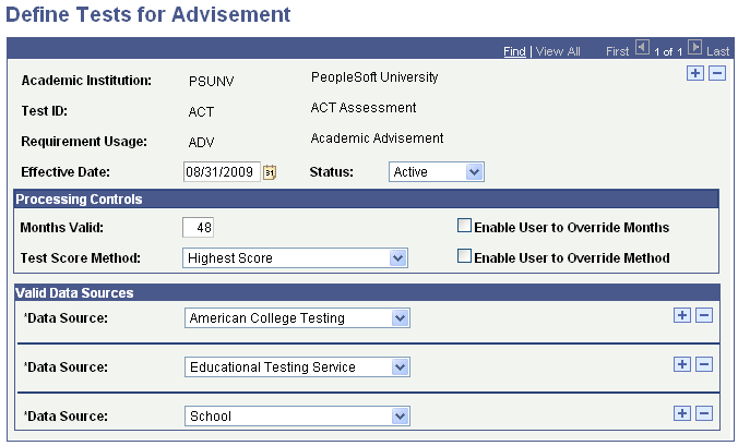 Define Tests for Advisement page