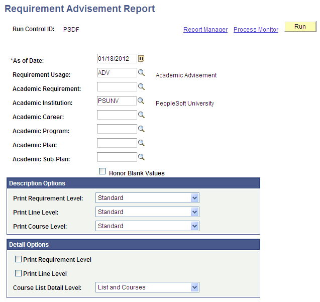 Requirement Advisement Report page