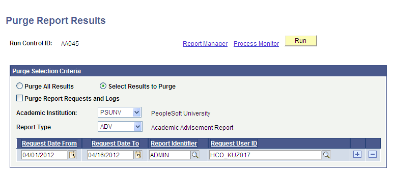 Purge Report Results page