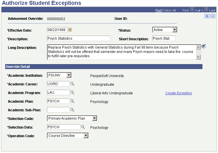 Authorize Student Exceptions page