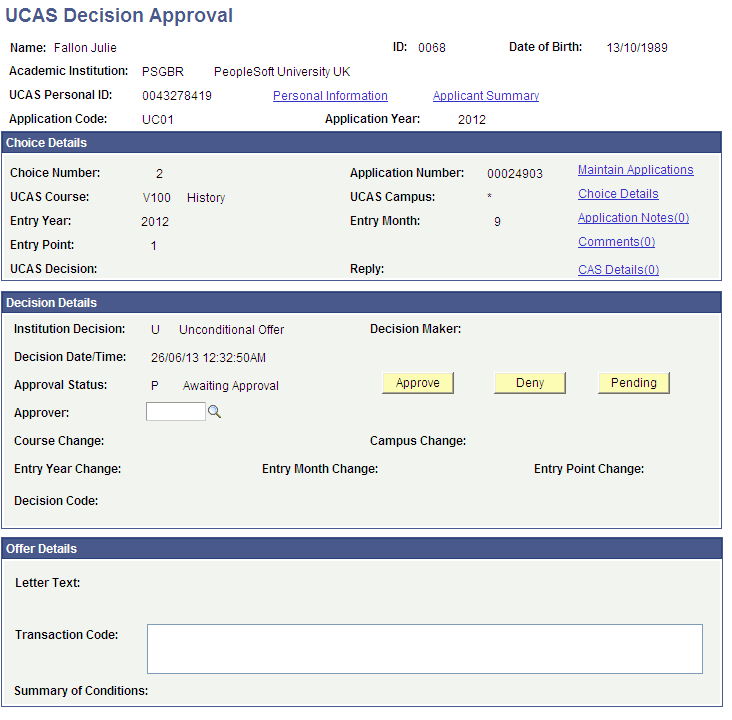 UCAS Decision Approval page