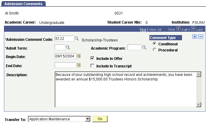 Admission Comments page