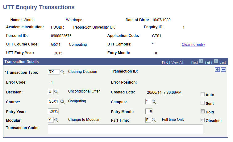 UTT (Universities and Colleges Admissions Service Teacher Training) Enquiry Transactions page