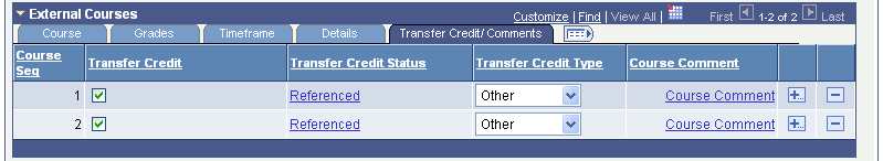 Courses and Degrees page: Transfer Credit/Comments tab