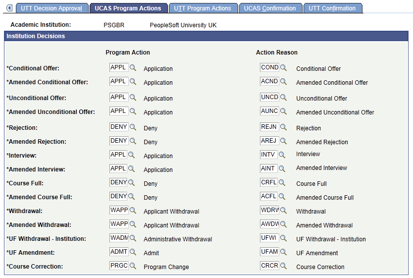 UCAS (Universities and Colleges Admissions Service) Program Actions page (1 of 3)
