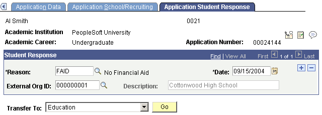 Application Student Response page