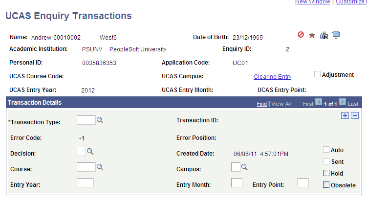 UCAS Enquiry Transactions page