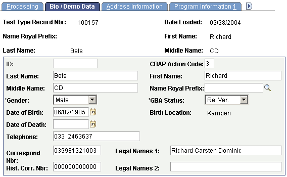 Bio/Demo Data page