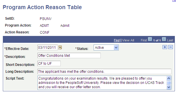 Program Action Reason Table page