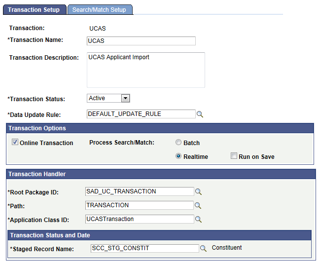 Transaction Setup page (1 of 2) for UCAS (Universities and Colleges Admissions Service)