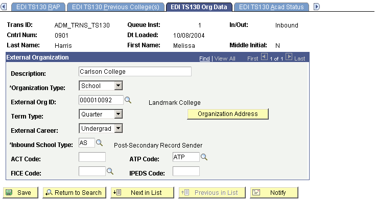 EDI TS130 Org Data page