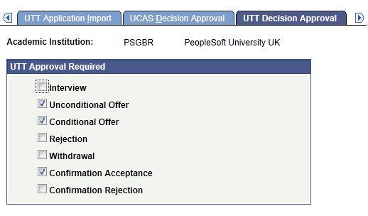UTT (Universities and Colleges Admissions Service Teacher Training) Decision Approval Setup page