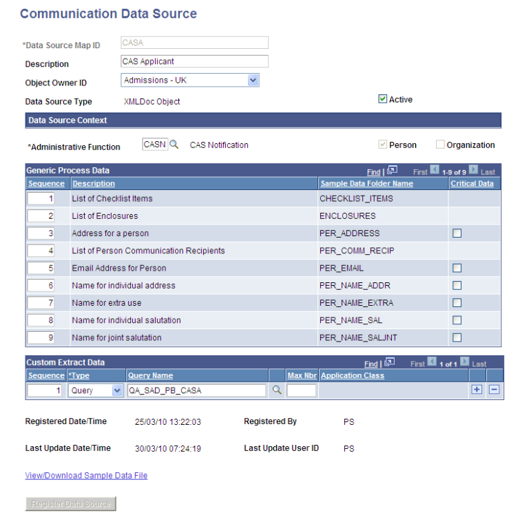 Communication Data Source page for CASA