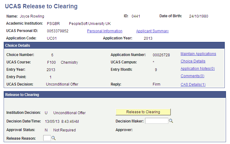 UCAS Release to Clearing page