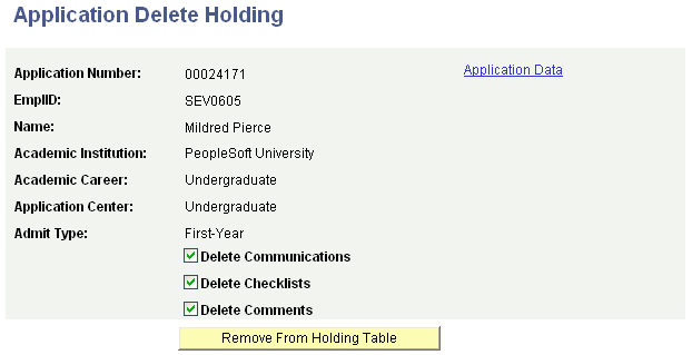 Application Delete Holding page