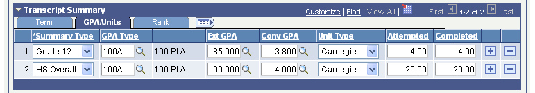 External Education page: GPA/Units tab