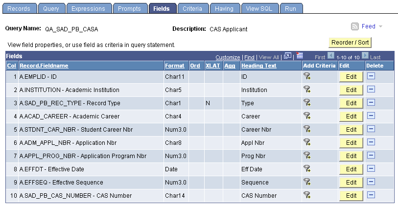 Fields page for the QA_SAD_PB_CASA query