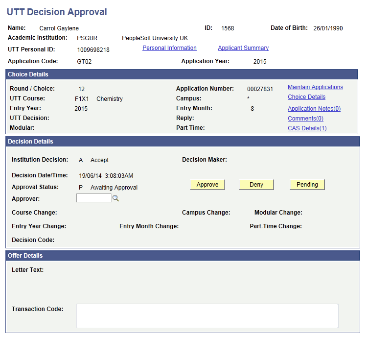 GTTR Decision Approval page