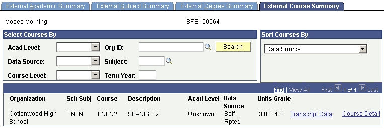 External Course Summary page