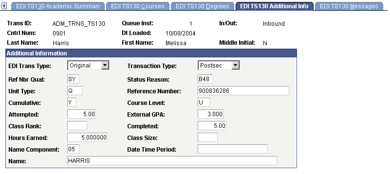 EDI TS130 Additional Info page