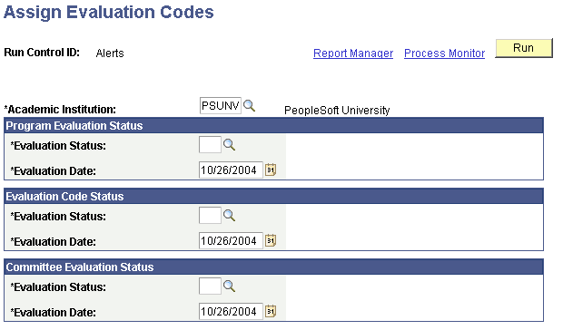 Assign Evaluation Codes page