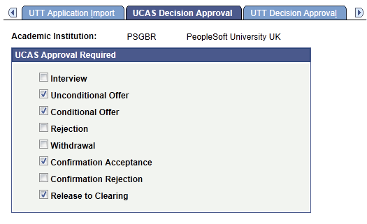 UCAS (Universities and Colleges Admissions Service) Decision Approval Setup page