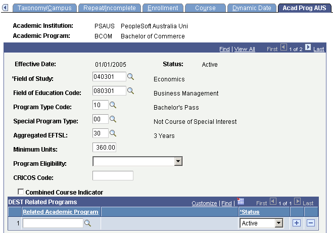 Acad Prog AUS (academic program Australia) page (1 of 2)