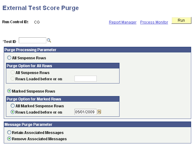 External Test Score Purge page
