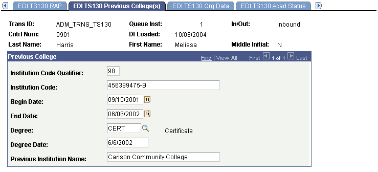 EDI TS130 Previous College(s) page