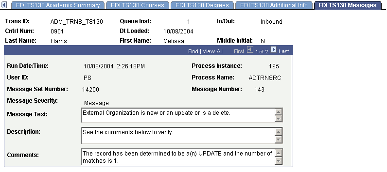 EDI TS130 Messages page