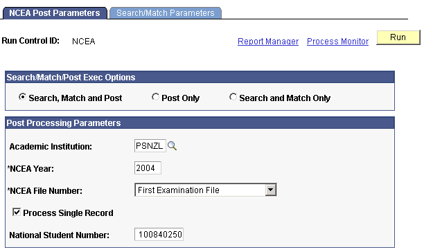 NCEA Post Parameters page