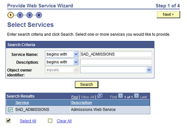 Select Services page