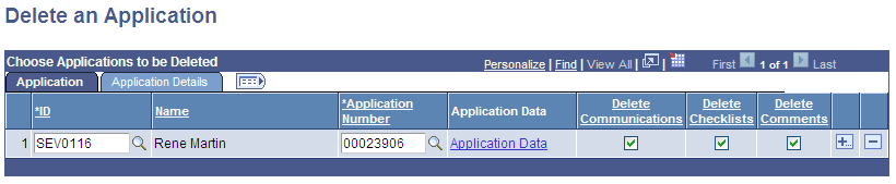 Delete an Application page: Application tab